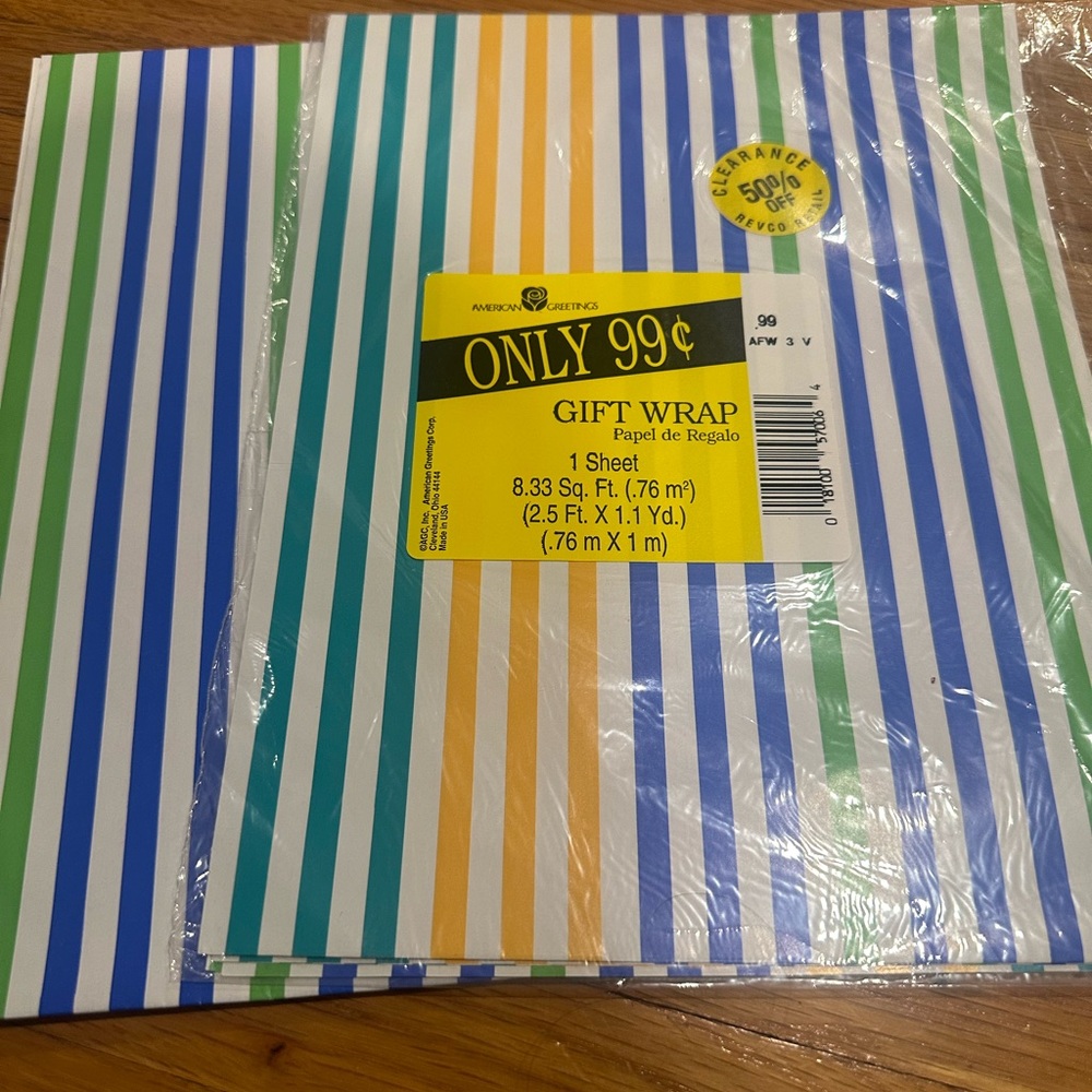 Vintage 1990s American Greetings Blue, Green, and Yellow Striped Gift Wrap